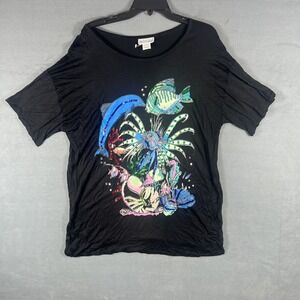 VTG SASSY DOLL Women's Medium Black Rayon Sequin Dolphin Fish Ocean Tunic Top